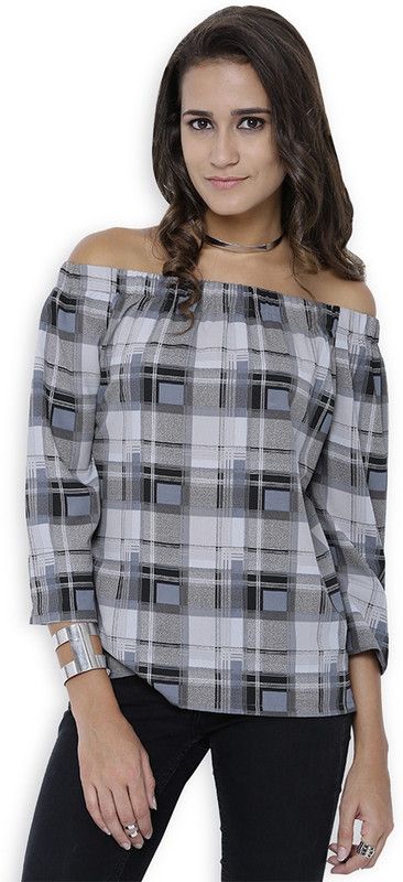 Casual Regular Sleeves Checkered Women White, Black, Grey Top