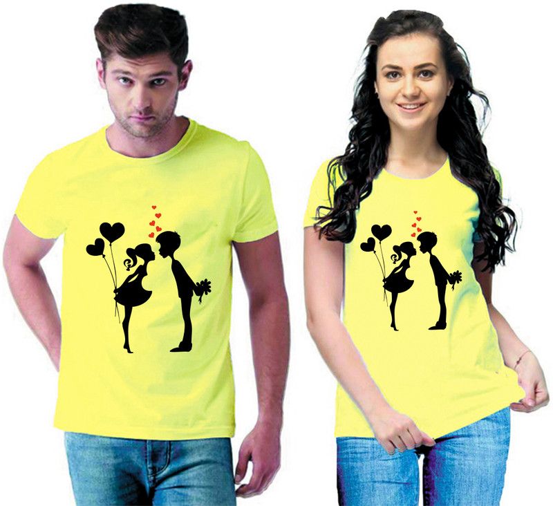 Pack of 2 Couple Graphic Print Round Neck Cotton Blend Yellow T-Shirt