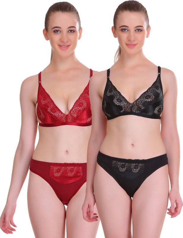 Bra & Panty Set Solid Maroon, Black Lingerie Set