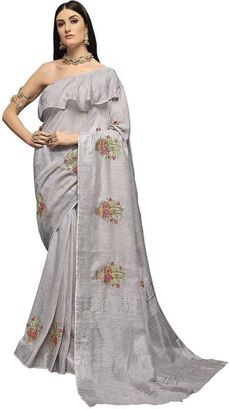 Embroidered Kota Doria Linen Saree  (Grey)