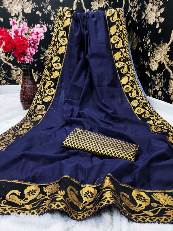 Solid/Plain Chanderi Cotton Blend Saree  (Dark Blue)