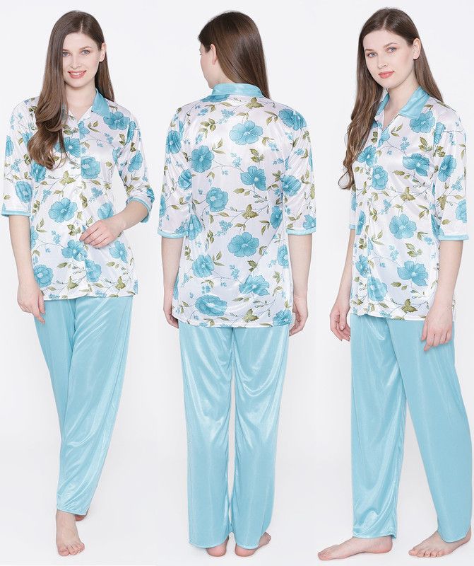 Women Floral Print Light Blue Shirt & Pyjama set