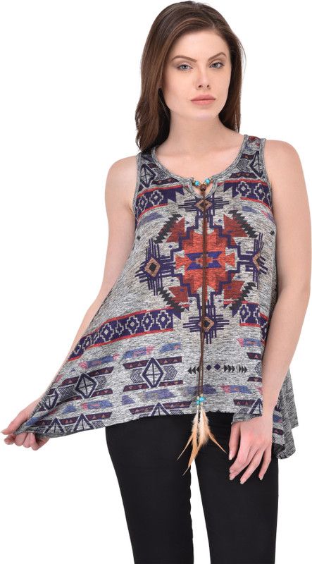 Party Sleeveless Printed Women Grey Top