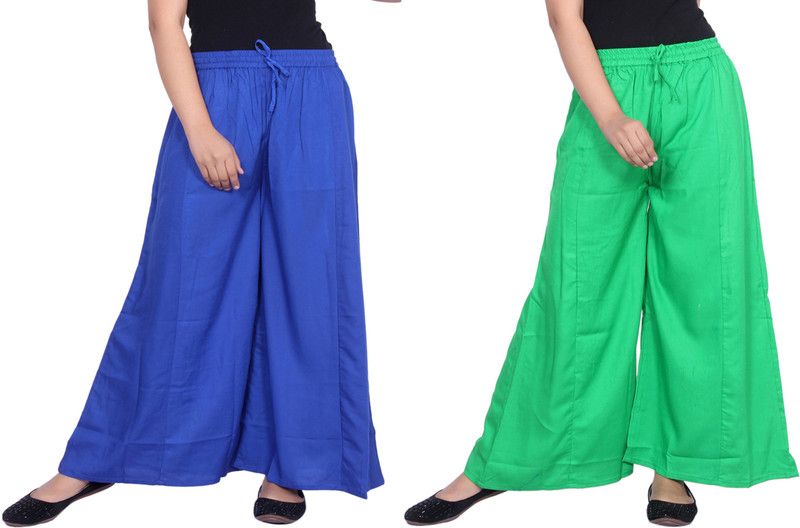 Pack of 2 Women Flared Green, Blue Cotton Blend Trousers
