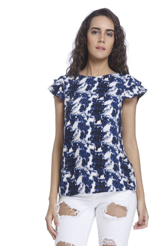 Casual Flutter Sleeves Printed Women White, Blue Top