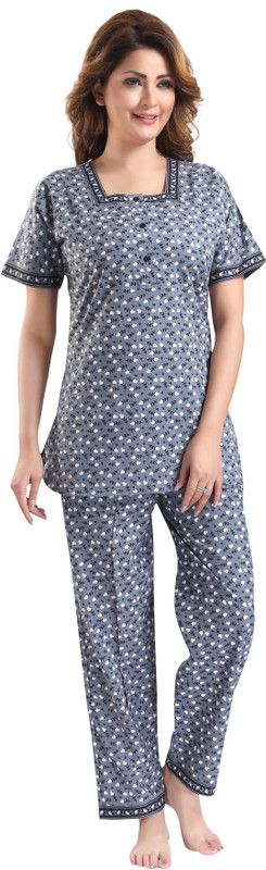 Women Top & Pyjama Set Grey Self Design