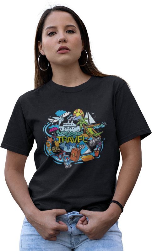 Travel Printed 100% Pure Cotton Regular Fit T-Shirt For Girls And Women Women Printed Round Neck Cotton Blend Black T-Shirt