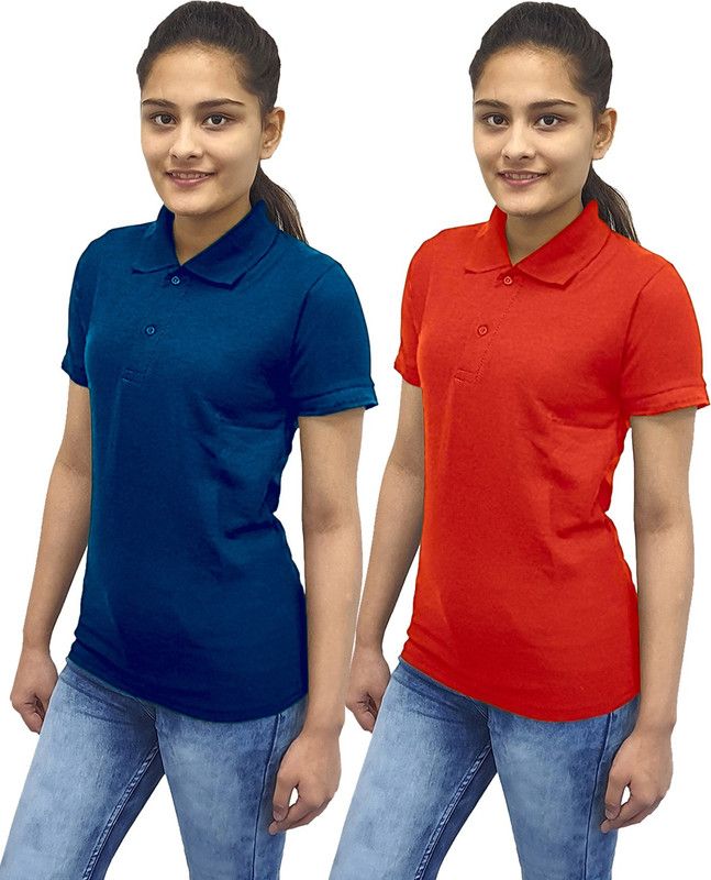 Pack of 2 Women Solid Polo Neck Cotton Blend Blue, Orange T-Shirt
