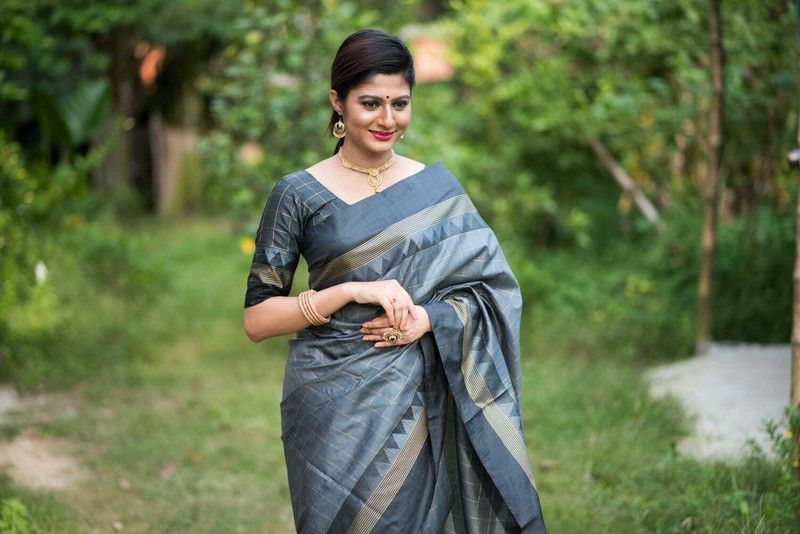 Woven, Printed, Checkered Bollywood Pure Silk Saree  (Grey)