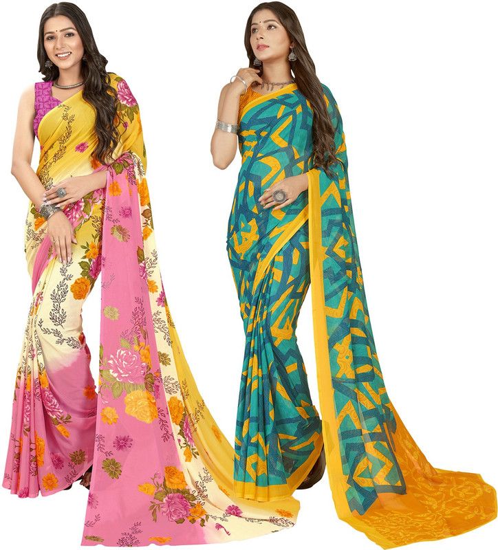 Printed Daily Wear Georgette Saree  (Pack of 2, Light Blue, Yellow)