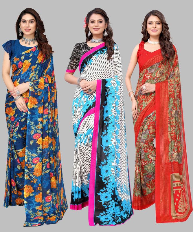 Printed Daily Wear Georgette Saree  (Pack of 3, Red, White, Blue)