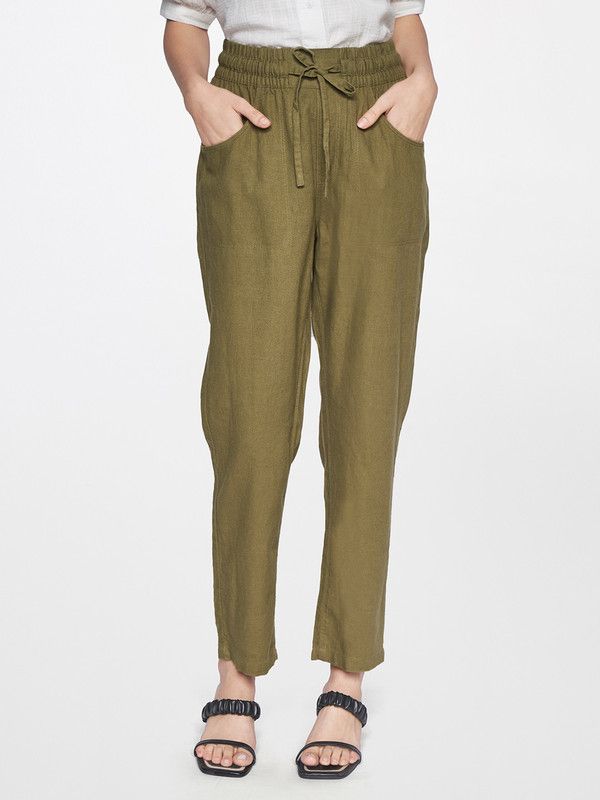 Women Tapered Light Green Linen Blend Trousers