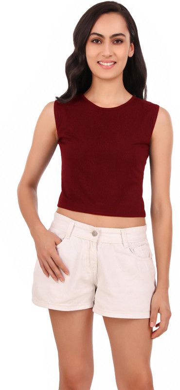 Casual Sleeveless Self Design, Solid Women Maroon Top