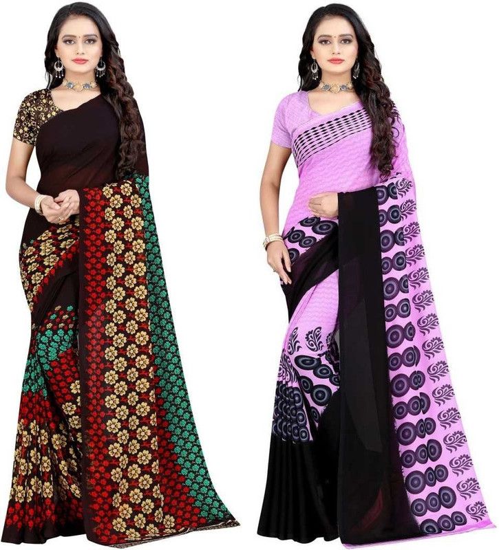 Printed Daily Wear Georgette Saree  (Pack of 2, Purple, Brown)