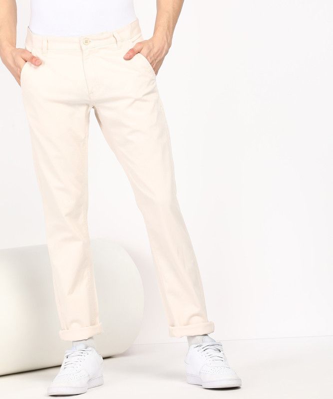 Men Slim Fit Cream Pure Cotton Trousers