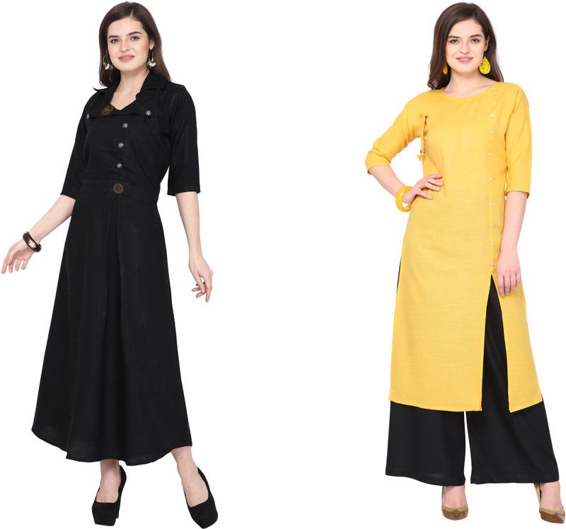 Pack of 2 Women Embroidered Viscose Rayon, Cotton Blend Flared Kurta  (Black, Yellow)