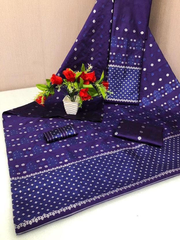 Embellished, Self Design Mekhela Chador Cotton Blend, Cotton Silk Saree  (Dark Blue, White)