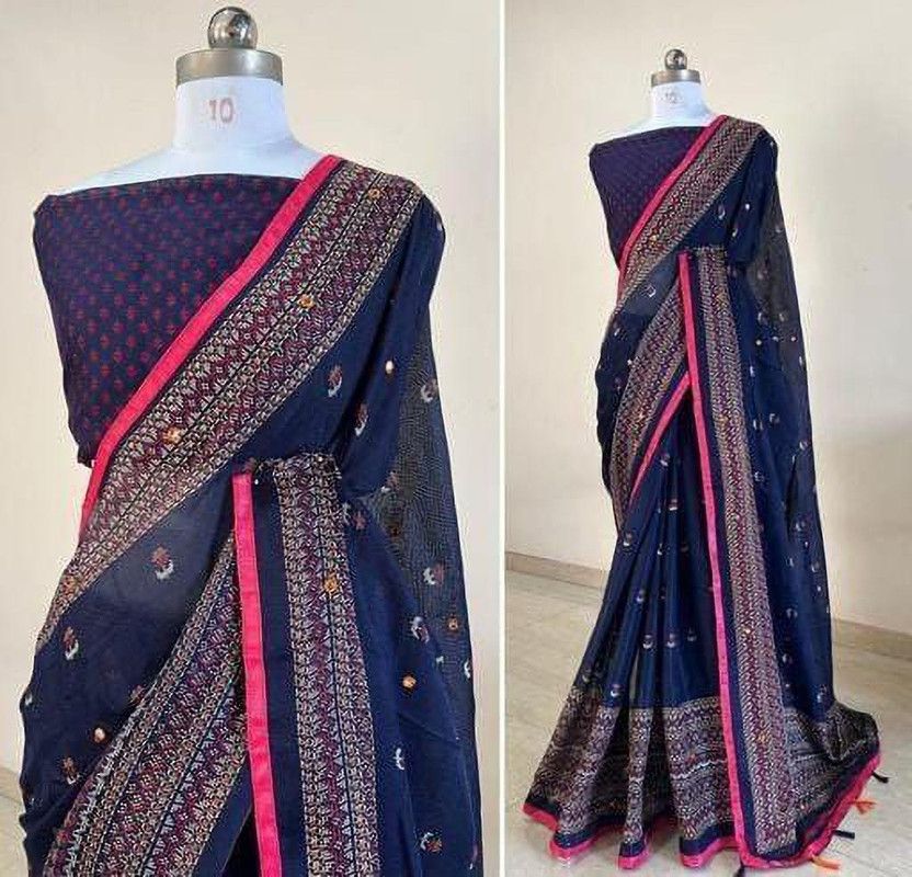 Printed Daily Wear Jute Silk Saree  (Dark Blue)