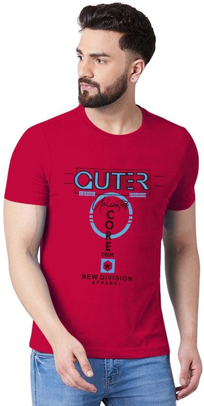 Men Self Design Round Neck Pure Cotton Red T-Shirt