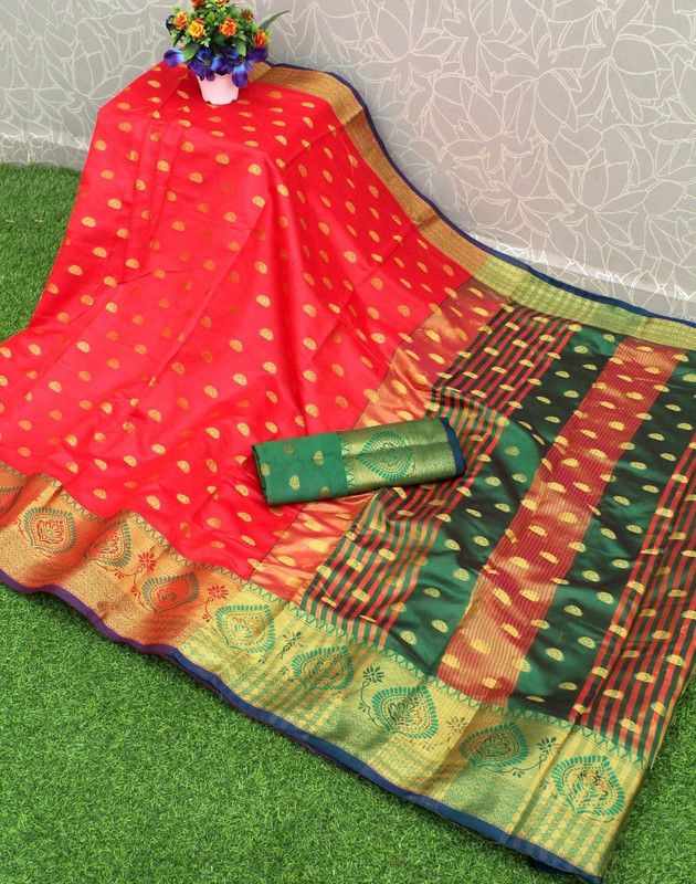 Banarasi Cotton Silk Saree  (Red, Green)