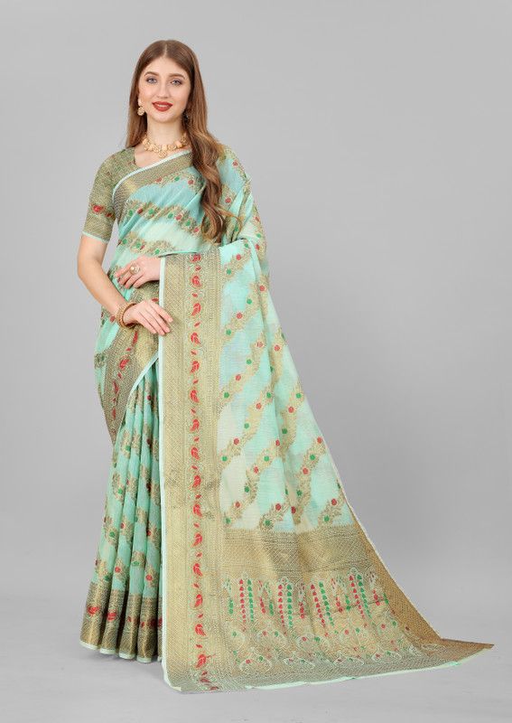 Printed, Self Design, Woven, Floral Print Banarasi Jacquard, Cotton Silk Saree  (Green)