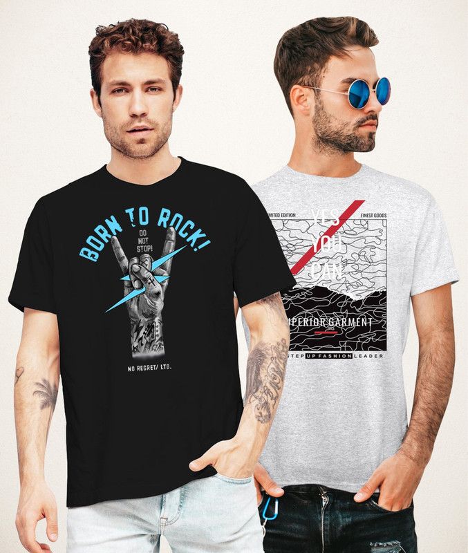 Pack of 2 MN-M-ES02 Essential t-shirts for Men Men Printed Round Neck Pure Cotton Black, Grey T-Shirt