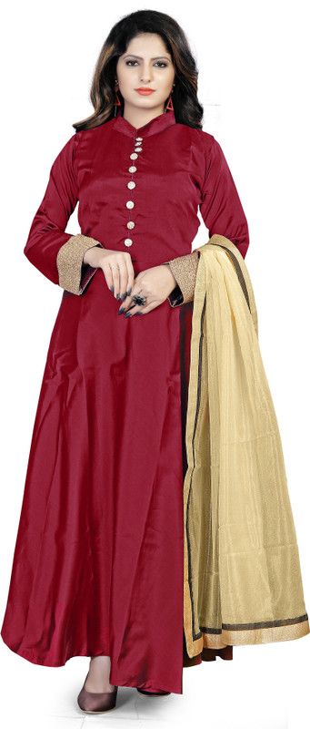 Embroidered Pure Silk Semi Stitched Anarkali Gown  (Red)