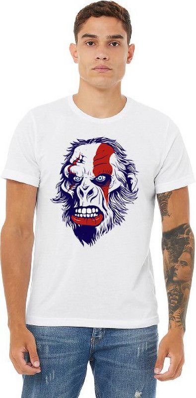 Men Graphic Print Round Neck Reversible Cotton Blend White T-Shirt