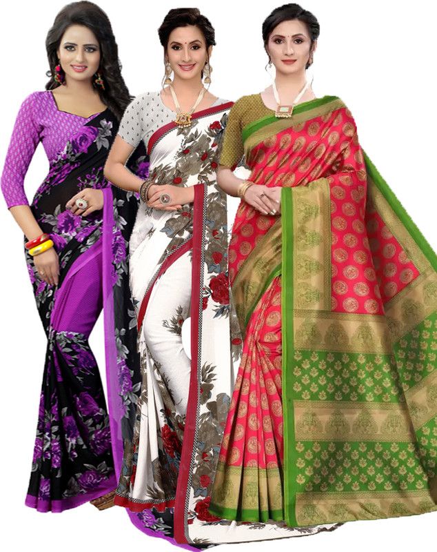 Printed Bollywood Georgette Saree  (Pack of 3, Purple, White, Pink)