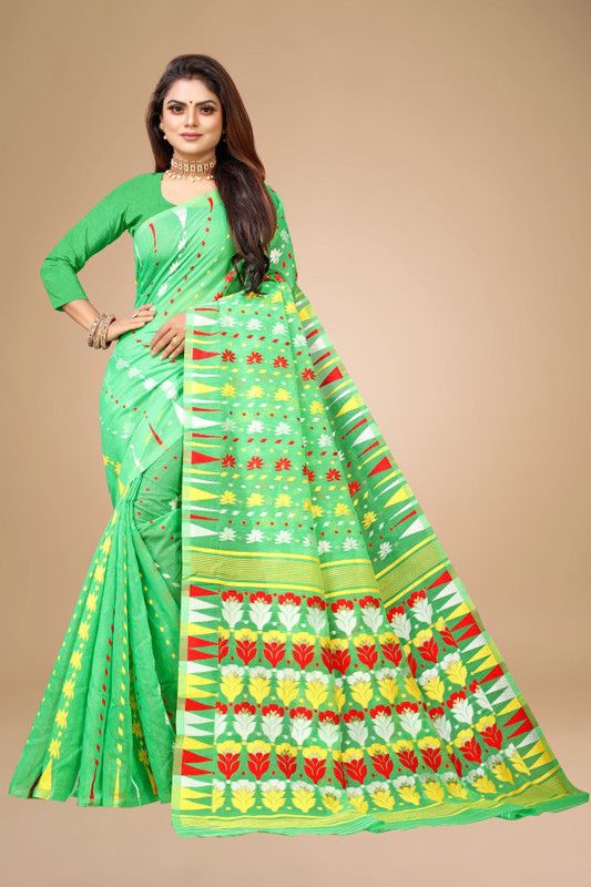 Woven Jamdani Cotton Linen, Cotton Silk Saree  (Green)