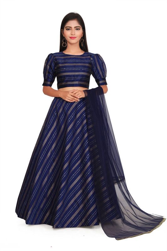 Girls Lehenga Choli Ethnic Wear Striped Lehenga, Choli and Dupatta Set  (Blue, Pack of 1)
