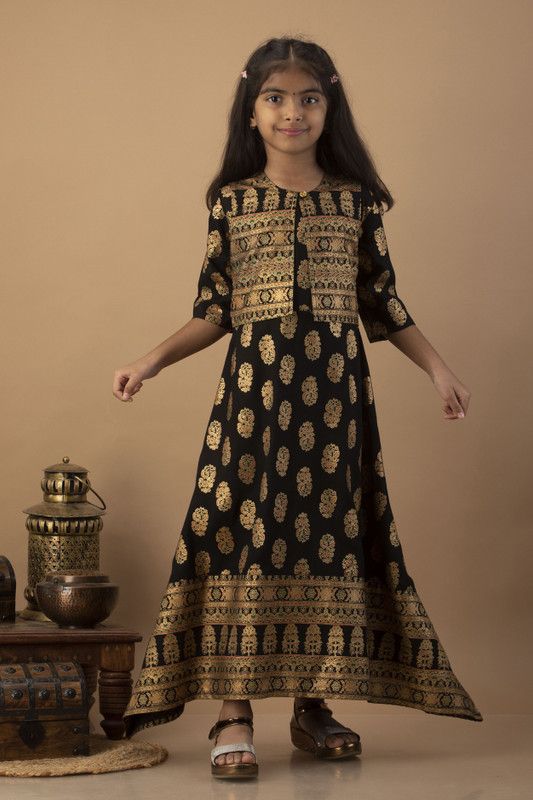 Girls Printed Viscose Rayon Ethnic Dress  (Black)