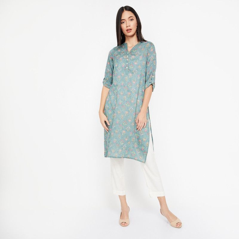 Women Printed Pure Cotton Straight Kurta  (Green, Pink)