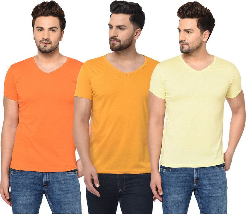 Pack of 3 V neck Combo T-shirts Multicolor Men Solid V Neck Cotton Blend Orange, Yellow T-Shirt