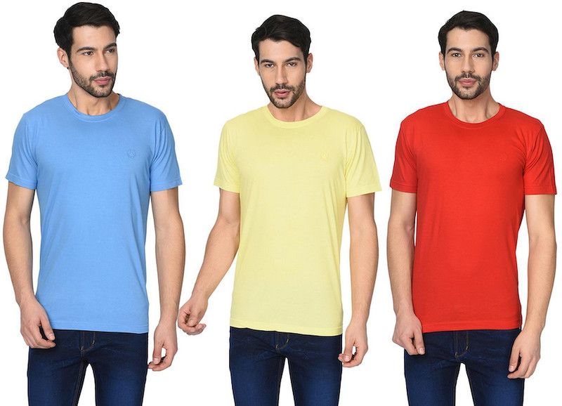 Pack of 3 Men Solid Round Neck Pure Cotton Red, Blue, Yellow T-Shirt
