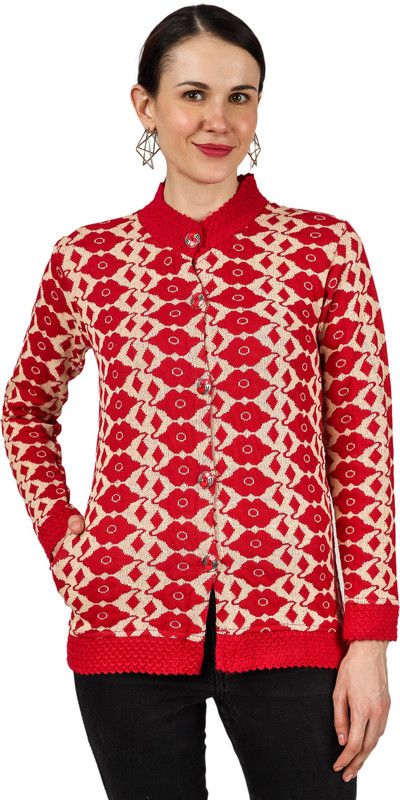 Women Floral Print Round Neck Red Sweater