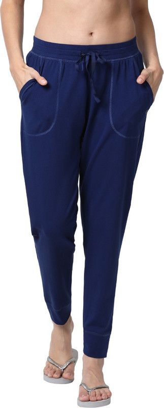 E066 Mid-Rise Stretch Cotton Women Solid Blue Track Pants