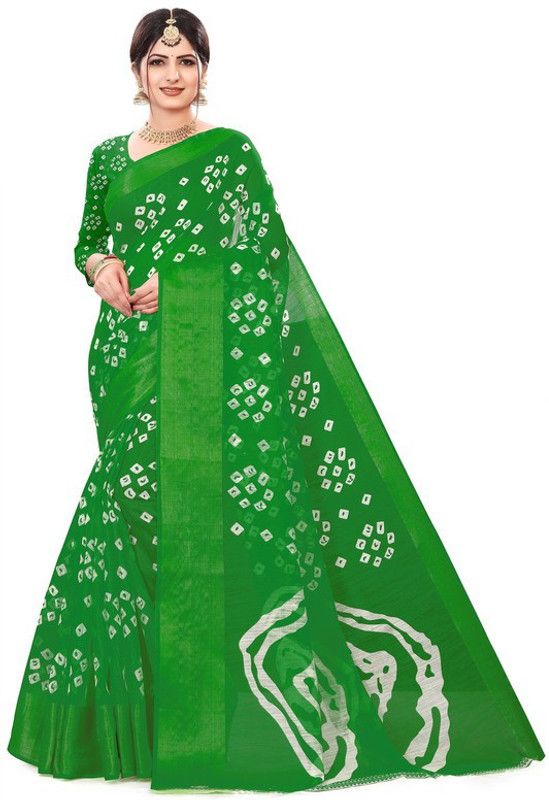 Bandhani Cotton Silk Saree  (Green, Grey)