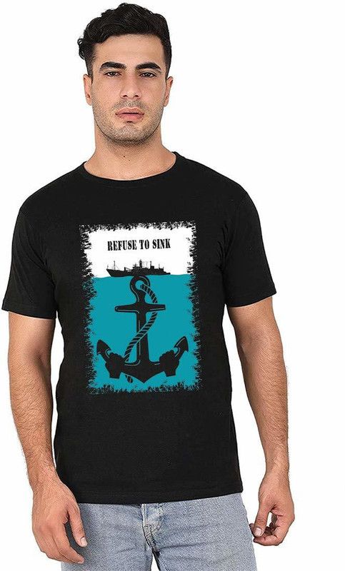 Regular Fit Refuse to Sink Printed Cotton T-Shirt for Men Men Printed Round Neck Cotton Blend Black T-Shirt