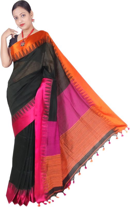 Temple Border, Solid/Plain Handloom Viscose Rayon, Pure Cotton Saree  (Multicolor)
