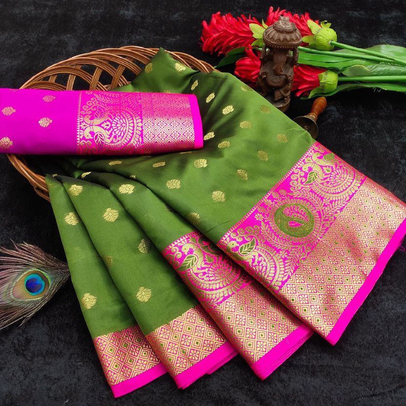 Printed, Woven Banarasi Pure Silk, Cotton Silk Saree  (Light Green)