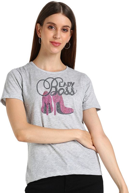 STS 69 Women Self Design Round Neck Cotton Blend Grey T-Shirt