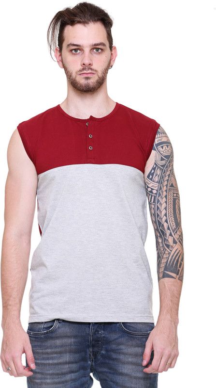 Men Colorblock Henley Neck Cotton Blend Maroon, Grey T-Shirt