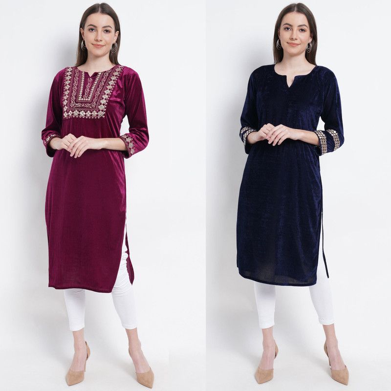 Pack of 2 Women Embellished Velvet Straight Kurta  (Blue)