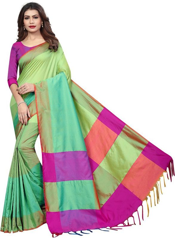 Color Block Mysore Cotton Blend Saree  (Light Green)