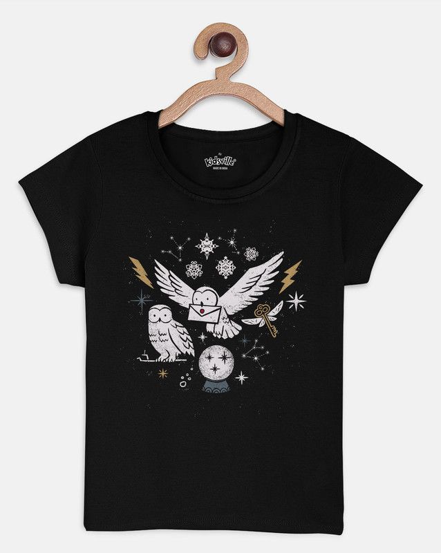 HARRY POTTER Girls Graphic Print Pure Cotton T Shirt  (Black, Pack of 1)