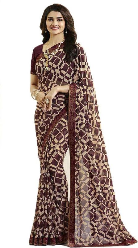 Printed Bollywood Georgette, Chiffon Saree  (Beige, Brown)