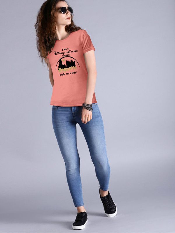 Women Graphic Print Round Neck Reversible Cotton Blend Pink T-Shirt