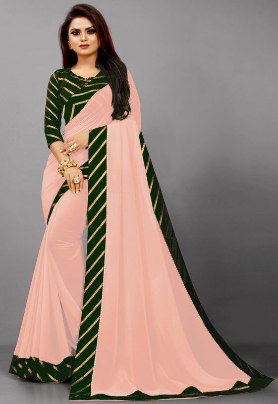 Solid/Plain Bollywood Georgette Saree  (Green, Pink)