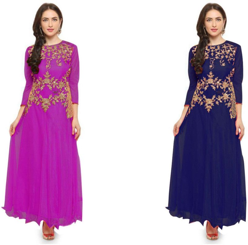 Embroidered Net Semi Stitched Flared/A-line Gown  (Purple, Dark Blue)